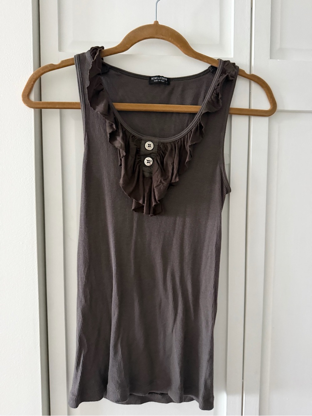 Mimi & Coco Brown Ribbed Cotton Ruffle Tank Top L y2k - Picture 4 of 8